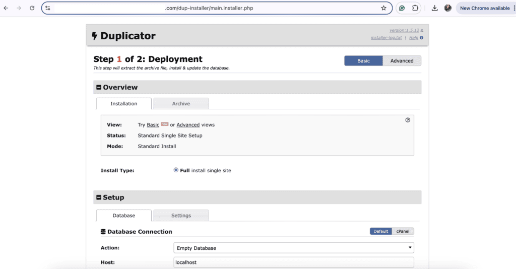 Duplicator installer on browser